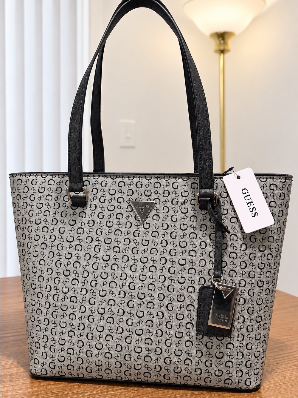 100% Authentic GUESS Jillian Black Multi Logo Tote Bag NWT Large Shoulder Bag